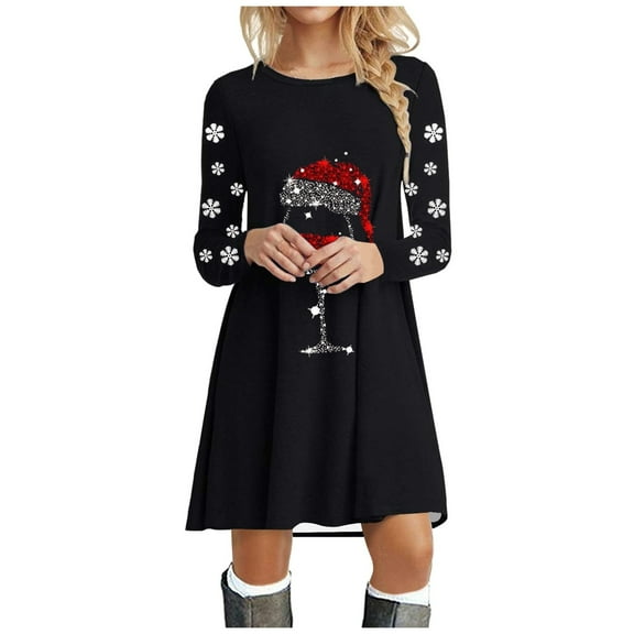 Womens Christmas Dress Christmas Party Dress Christmas Womens Long Sleeve Crew Neck Deer Printed Soft Dress Fashion Party Swing Dress