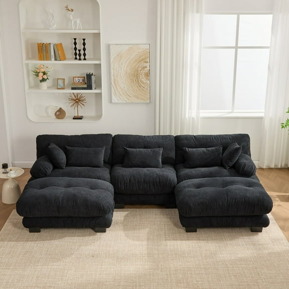 Noble House 3-Seater U-Shape Cloud Couch, Pelletized Velvet Sectional Sofa with Ottomans, Bolster Armrests, Black