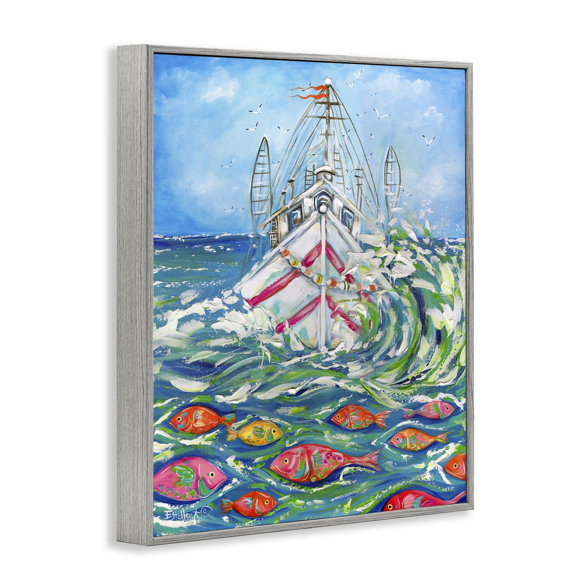 Stupell Industries Boat Net Splashing Transportation Painting Gray Framed Art Print Wall Art, 16 x 20