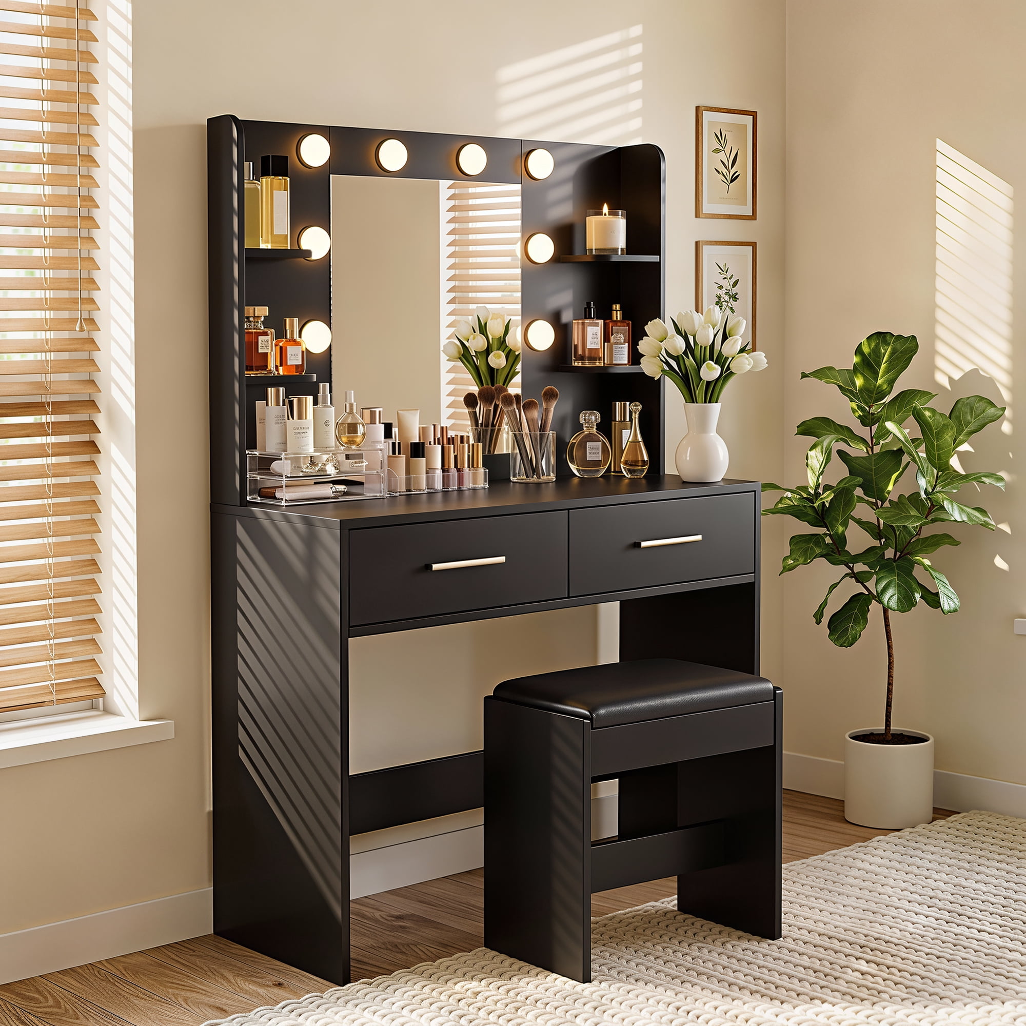 Homall Makeup Vanity Set with Mirror & Stool, Vanity Desk with LED Lights & Fast-Charging Outlet, Vanity Table for Bedroom Dressing Room, Black