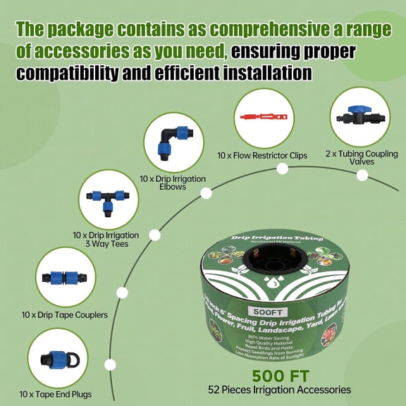 500FT 5/8 Inch 16 Mil Drip Tape Irrigation Kit, 6" Spacing Roll 16 Mil Drip Tape Irrigation, Durable Reinforced PE Material Anti-Bird Pecking Silver Anti-Burning Seedlings Drip Irrigation System