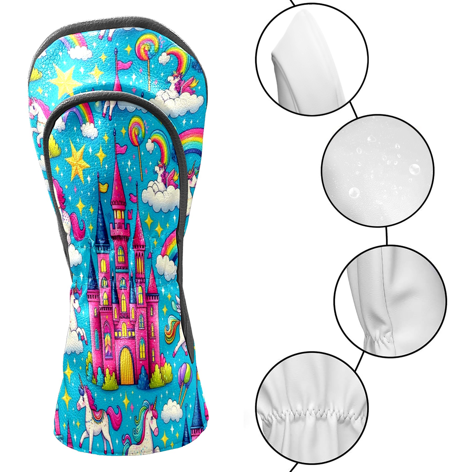 Golf Club Head Covers Rainbow Unicorn for Driver and Fairway Woods, Premium PU Leather, Waterproof, Velvet Lining, Unisex Golf Gift