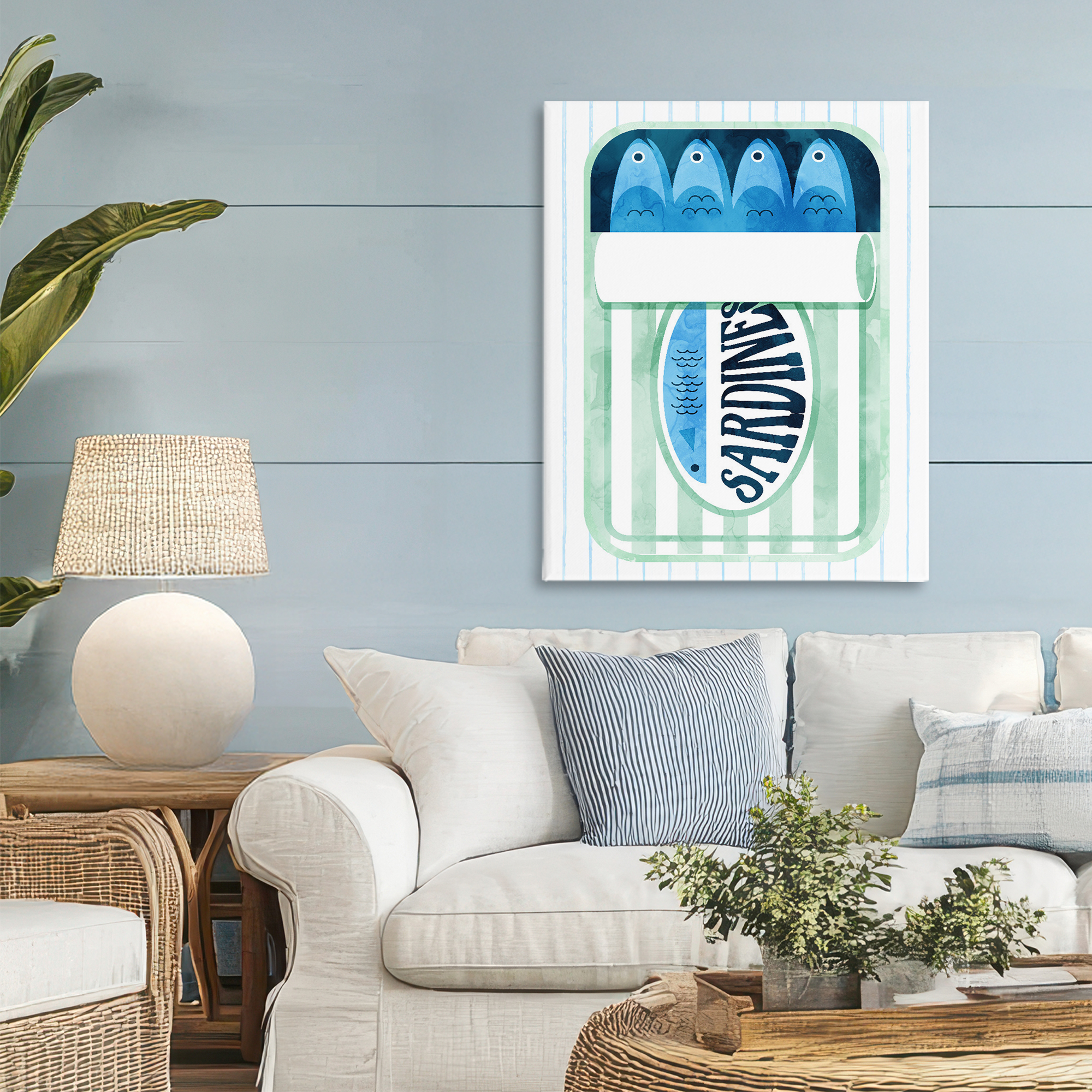 Seafoam Sardine Tin over Stripes Canvas Wall Art, design by Daphne Polselli