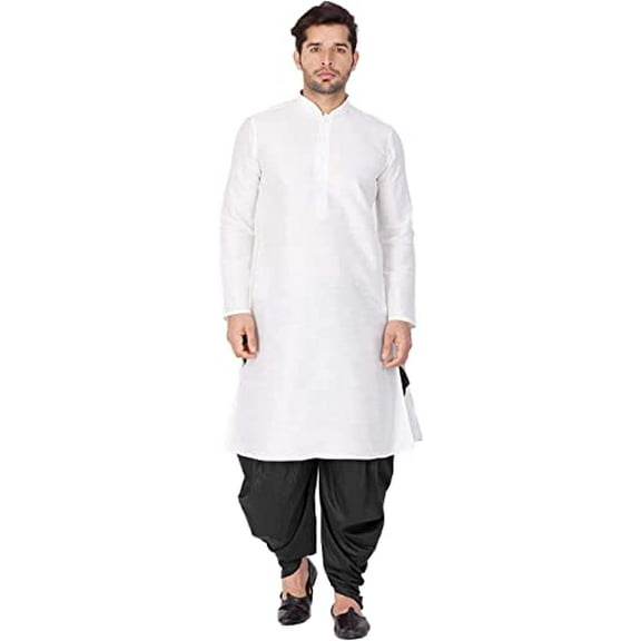 Royal Kurta Men's Silk Blend Straight Kurta Salwar Set (38, WHITE-BLACK)