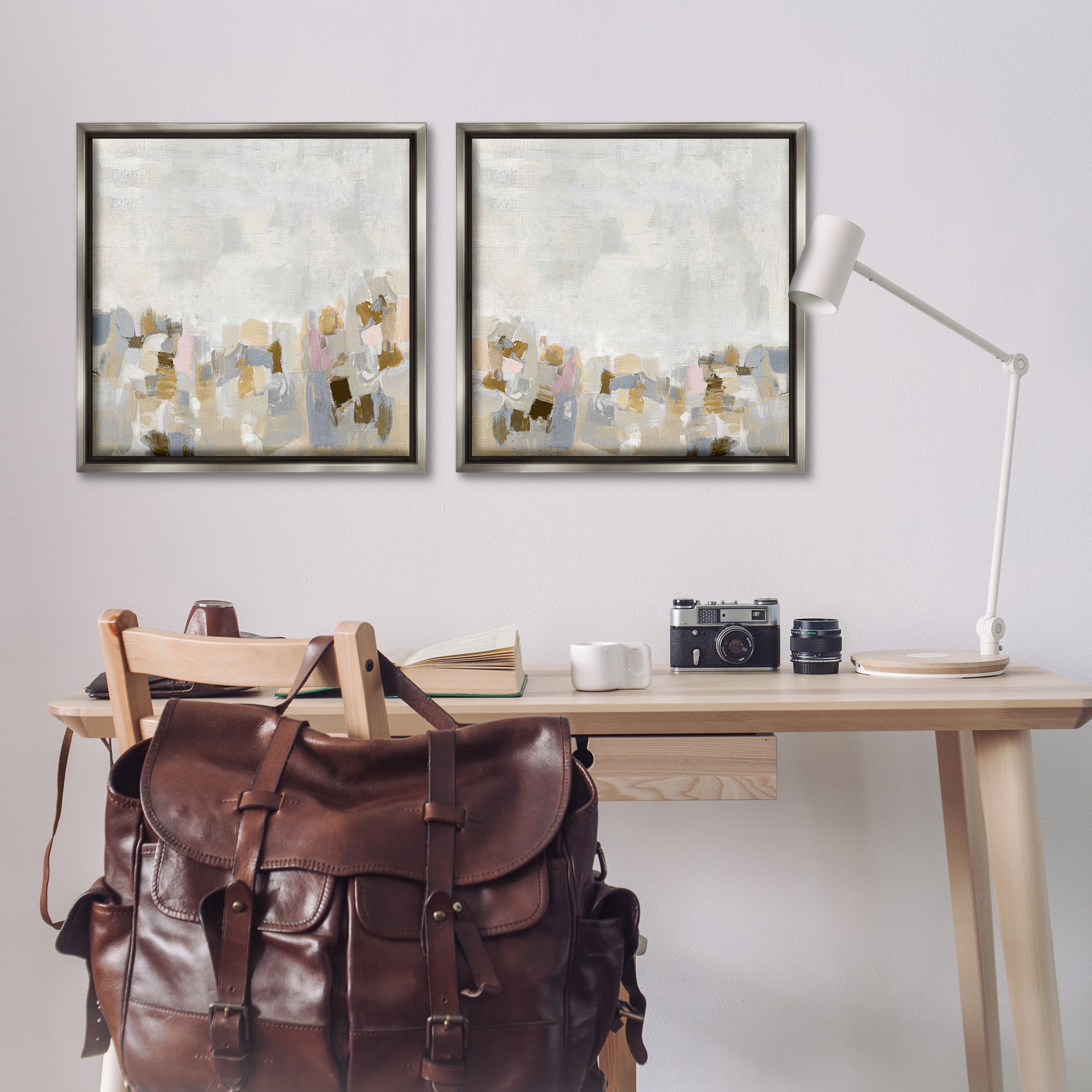 Stupell Industries Neutral Geometric Horizon Abstract Painting Gray Floater Framed Canvas Art Print Wall Art, 25 x 25, Set of 2