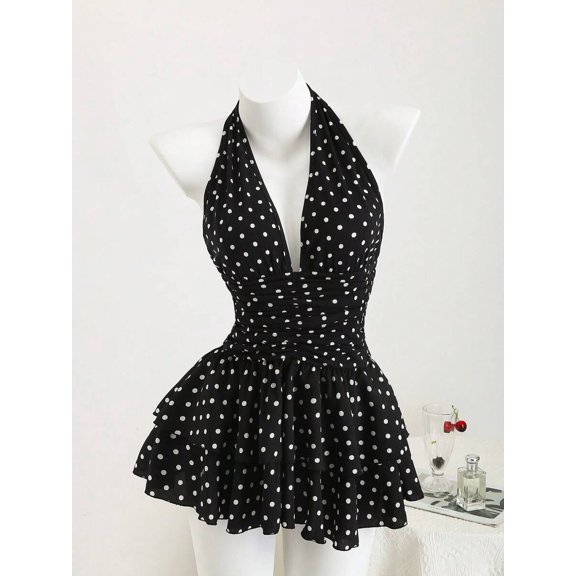 Black Polka Dot Deep V-Neck Halter Backless Bodycon Mini Dress With Tiered Ruffled Hem