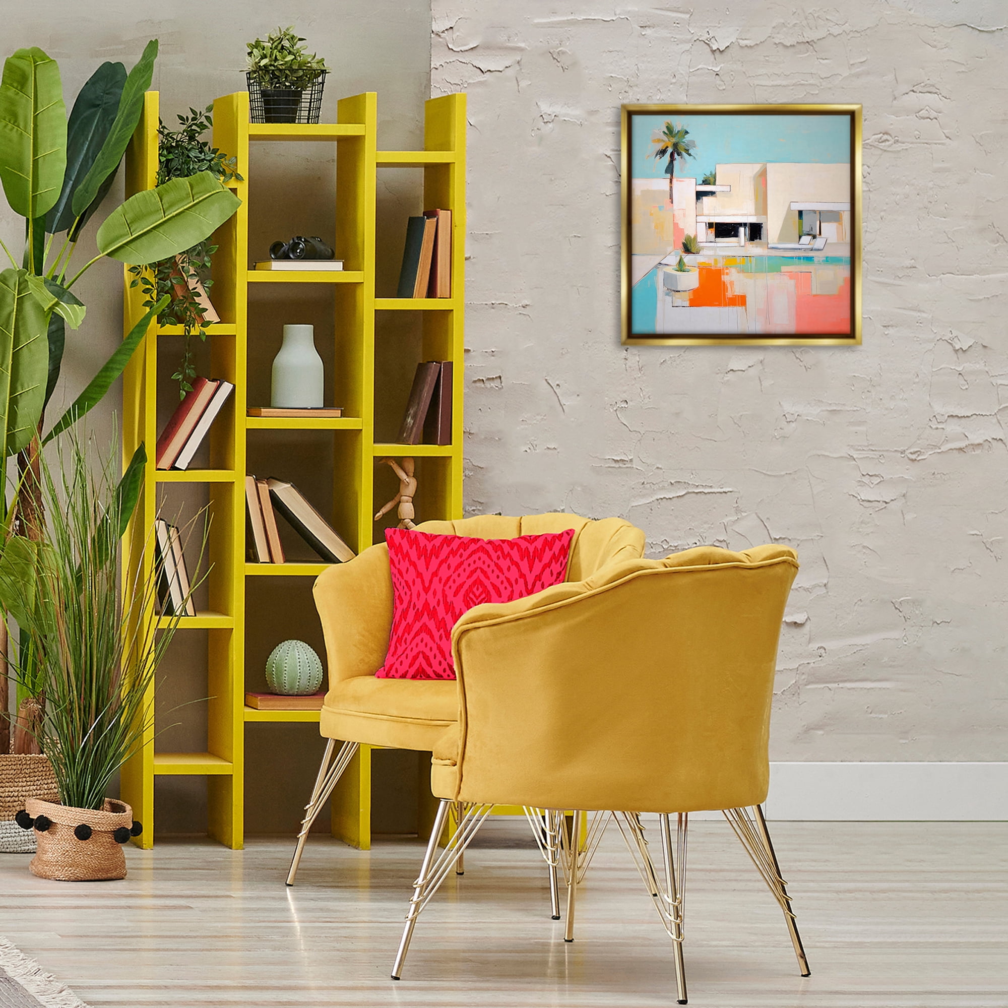 Stupell Industries Modern Tropical Villa Town & City Painting Gold Floater Framed Canvas Art Print Wall Art, 18 x 18