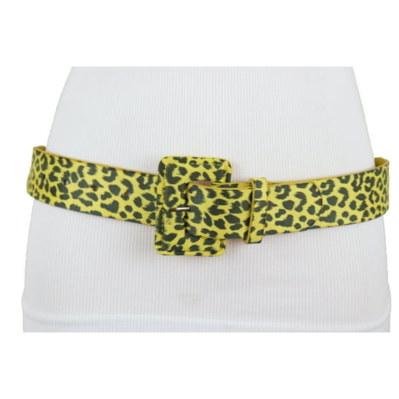 Women Yellow Leopard Animal Print Belt Cheetah Tiger Square Buckle M