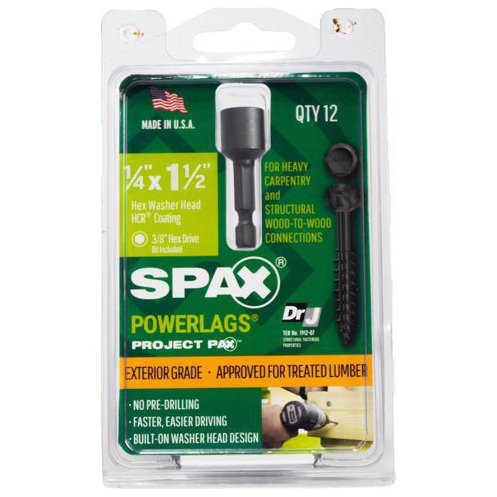 Spax 5041874 Power Lags 0.25 x 1.5 in. Washer High Corrosion Resistant Carbon Steel Lag Screw, Black - Pack of 12
