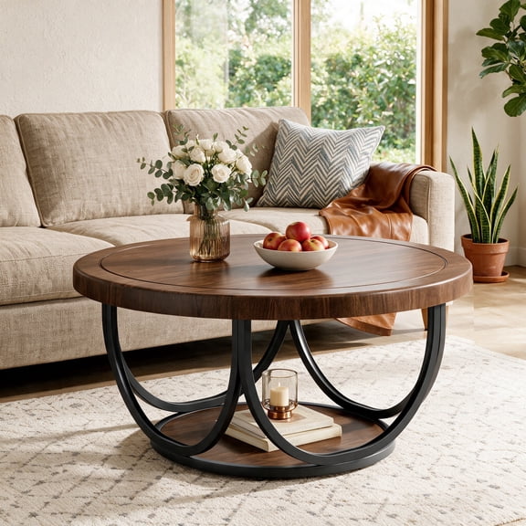 Fnova 31.5 Inch Round Coffee Table with Storage Shelf, 2-Tier Rustic Brown Center Table with Metal Frame for Living Room