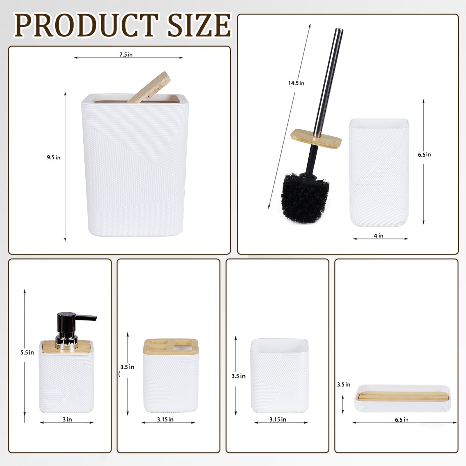 CERBIOR Bathroom Accessories Set 6 Piece Bamboo Bath Ensemble Includes Soap Dispenser, Toothbrush Holder, Toothbrush Cup, Soap Dish for Decorative Countertop and Housewarming Gift, White