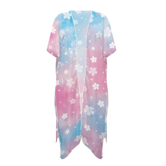 HELLHERO Blue and Pink Floral Pattern Bathing Suit Cover Up Quick Dry Polyester Lightweight Women Beach Kimono Coverup