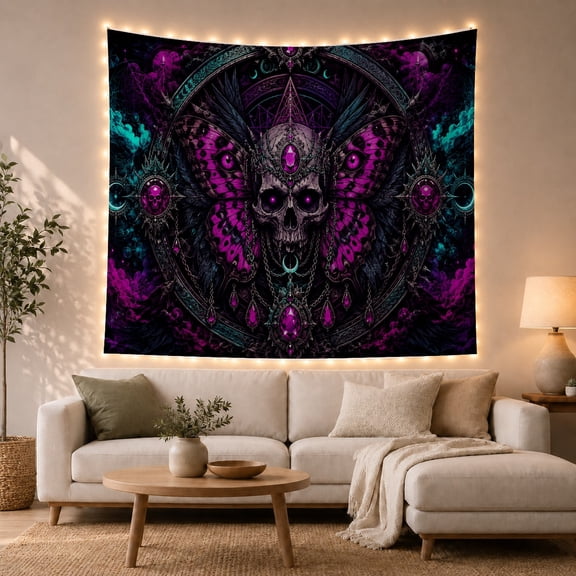 Moon Stars Ornate with Human Skull Adorned Elaborate, Spooky Gothic for Gothic Decor Fans, Dark Art Decor, Halloween Gift, Tapestry Wall Hanging for Bedroom and Dorm