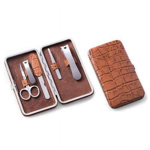 Bey-Berk International BB200 Croco Pattern Leather Manicure Set, Brown - 5 Piece