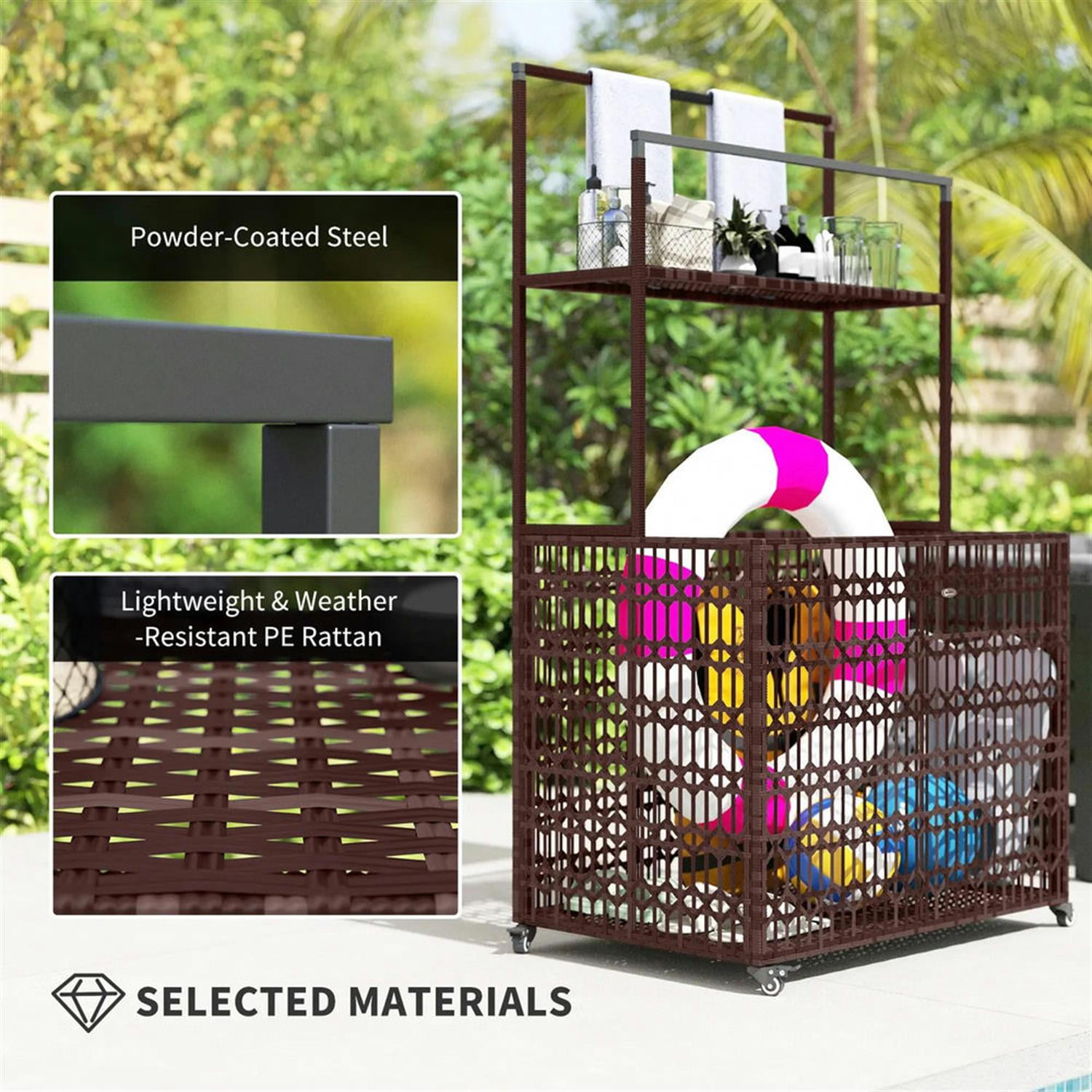 Demi Bonn Wicker Pool Float Holder, PE Rattan Storage Organizer with Basket Shelf, Towel Bars Rolling Caddy for Floaties, Noodles, Life Vests, Beach Balls, Brown