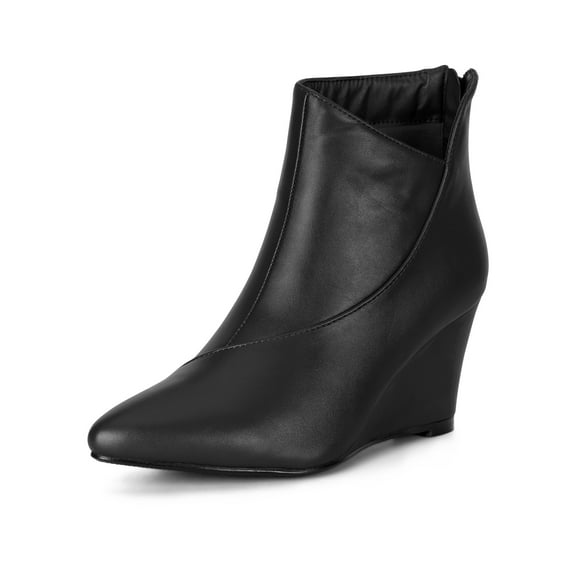 Unique Bargains Women's Pointed Toe Zipper Wedge Heel Ankle Booties Black (Size 8.5)