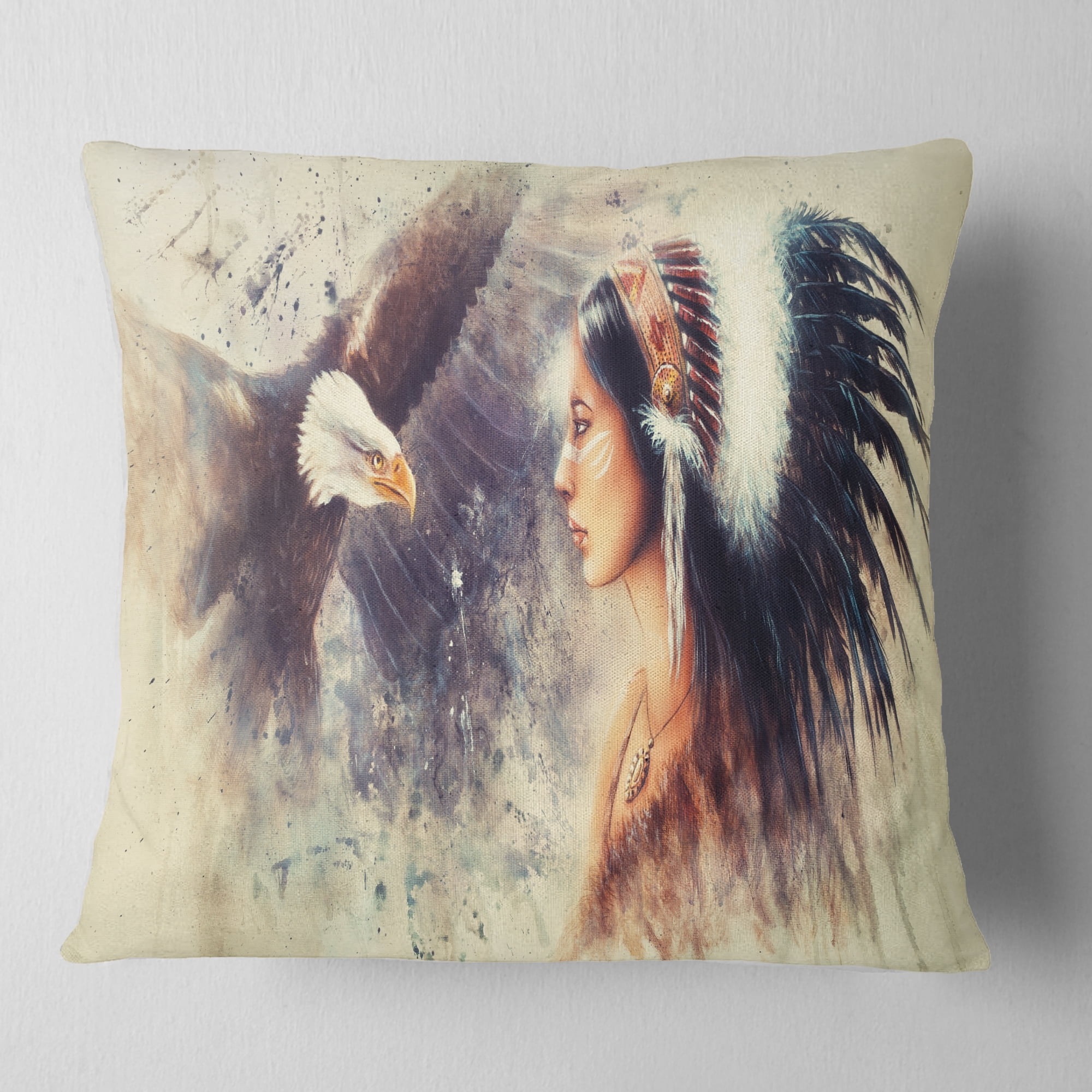 Designart Indian Woman and Eagle - Portrait Throw Pillow - 18x18