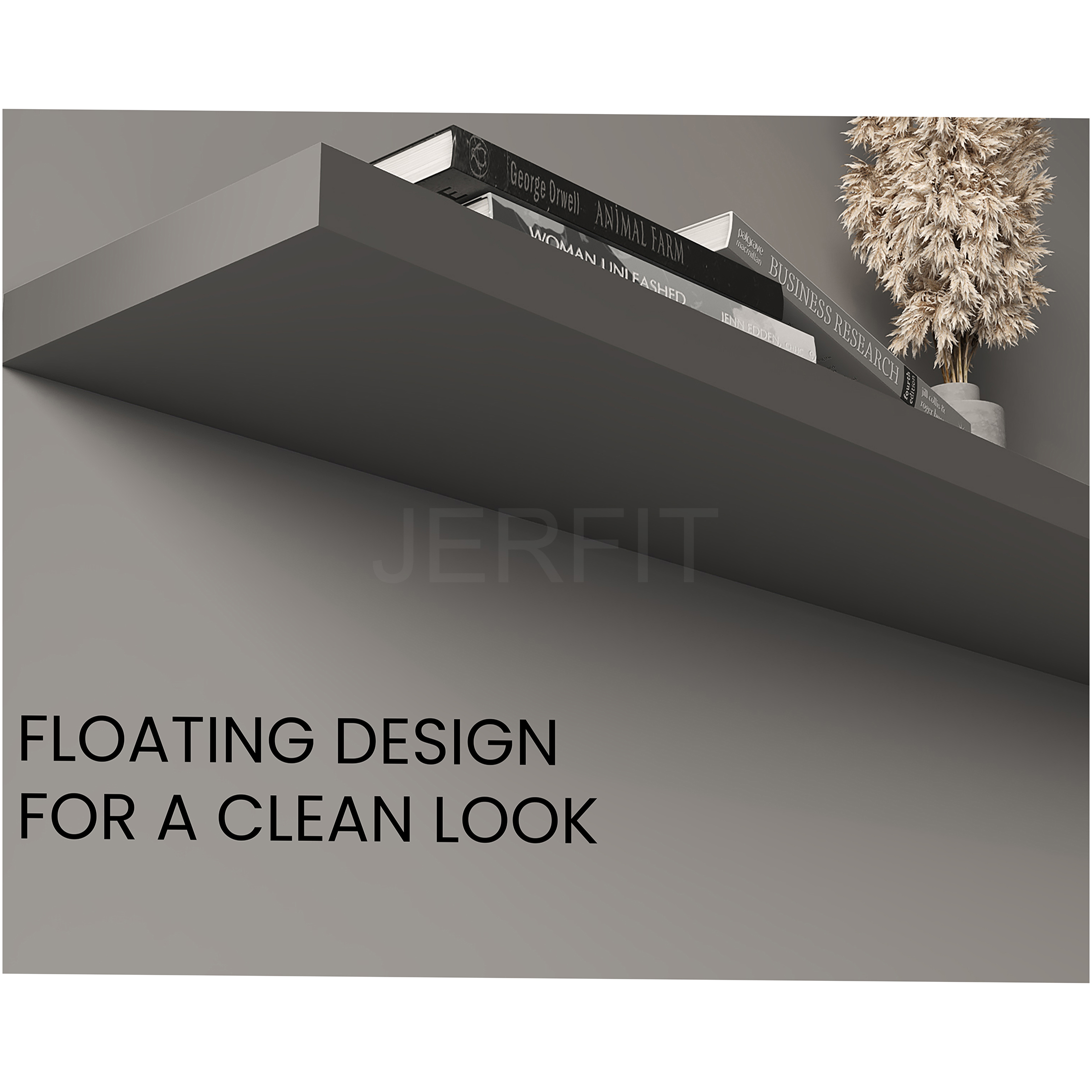 JERFIT 47 inch Floating Shelves Set of 2, Modern Wall Mounted Shelves for Living Room, Bedroom, Bathroom, Hidden Brackets, Heavy Duty MDF, Space Saving Storage Display Shelves in Grey