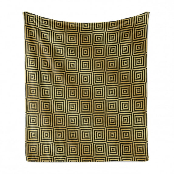 Abstract Soft Flannel Fleece Throw Blanket, Continuous Lines Triangles Cubes Optical Illusion Arrangement Print, Cozy Plush for Indoor and Outdoor Use, 60" x 80", Pale Camel Dark Taupe, by Ambesonne