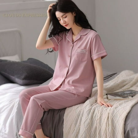 

QWZNDZGR Summer New Short Sleeve Women s Pajamas Set Cartoon Leisure Nightwear Knitted Cotton Plaid Long Pants Sleepwear Fashion Homewear
