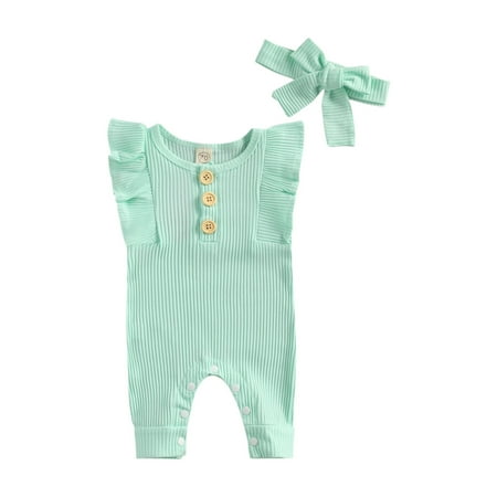 

Calsunbaby Newborn Baby Girls Outfit Set Fly Sleeve Solid Romper+Headband Sets