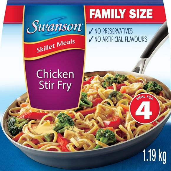 Swanson Chicken Stir Fry: frozen meal with pasta, vegetables, and chicken in a savoury soy sauce, 1.19 kg