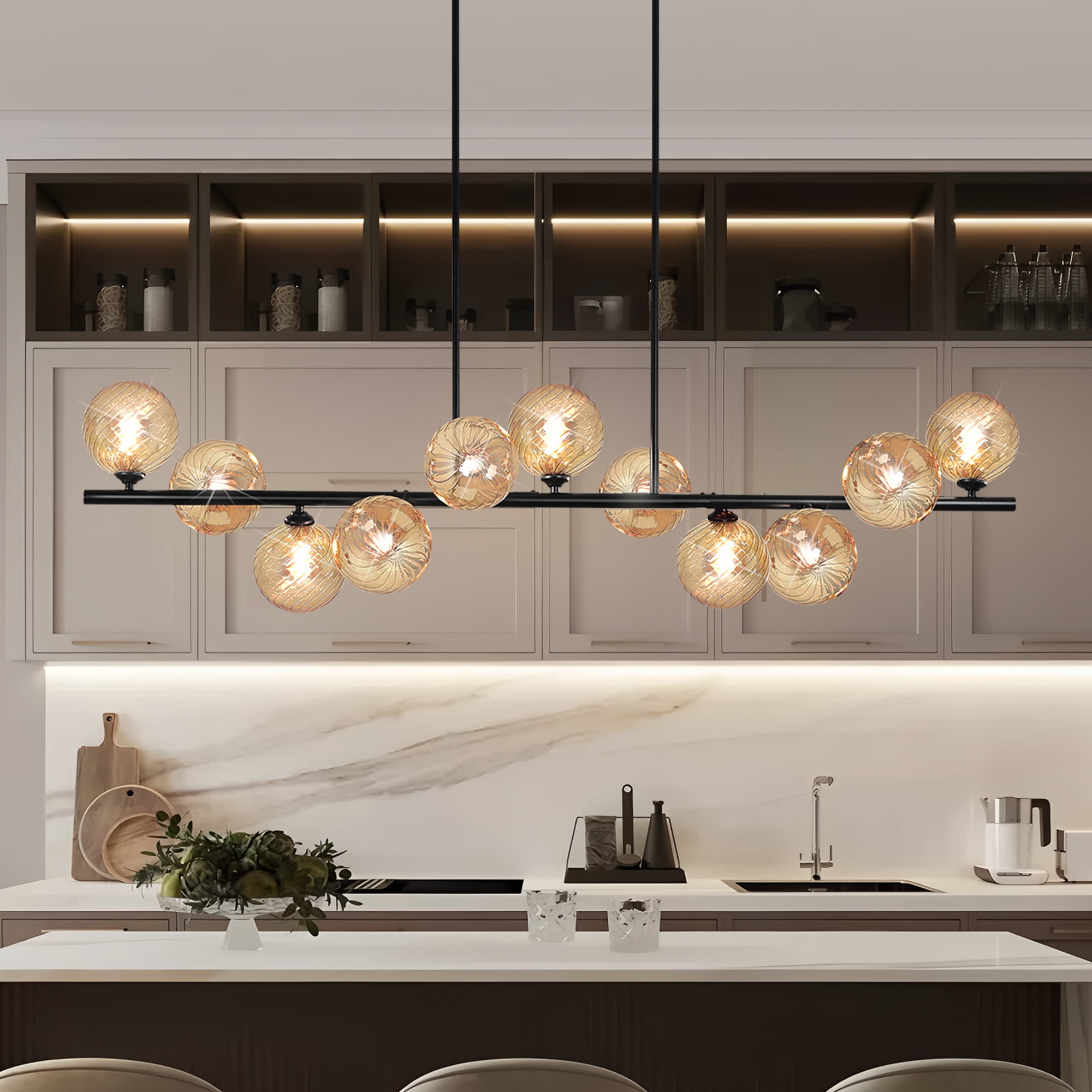 Lzawvm Linear Chandelier for Dining Room with Amber Swirled Glass Globe Dining Room Light Fixture 11-Lights Pendant Lights Kitchen Island for Living Room Sputnik Black 51inch