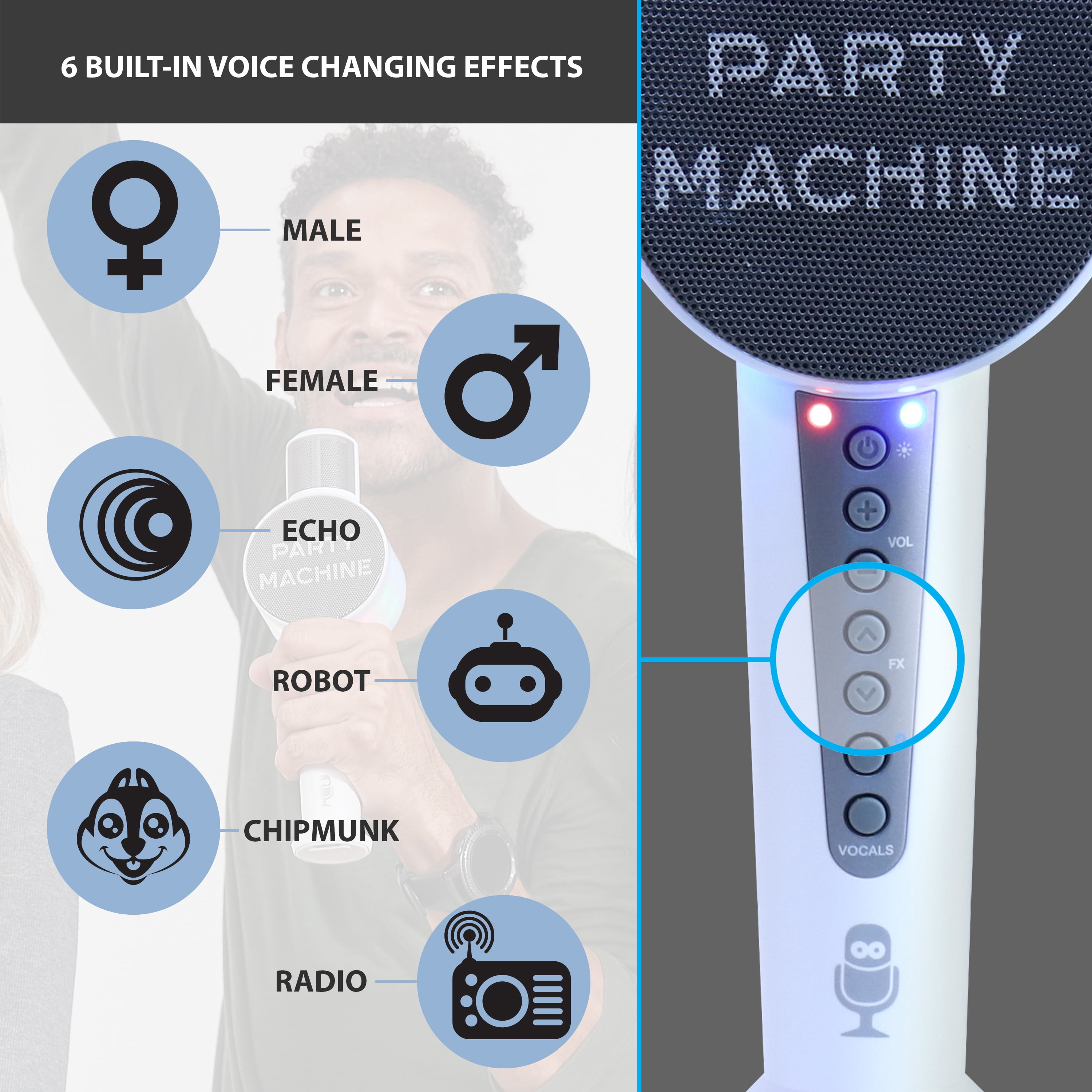 The Singing Machine Party Microphone Instrument with Bluetooth and Voice Changers, White