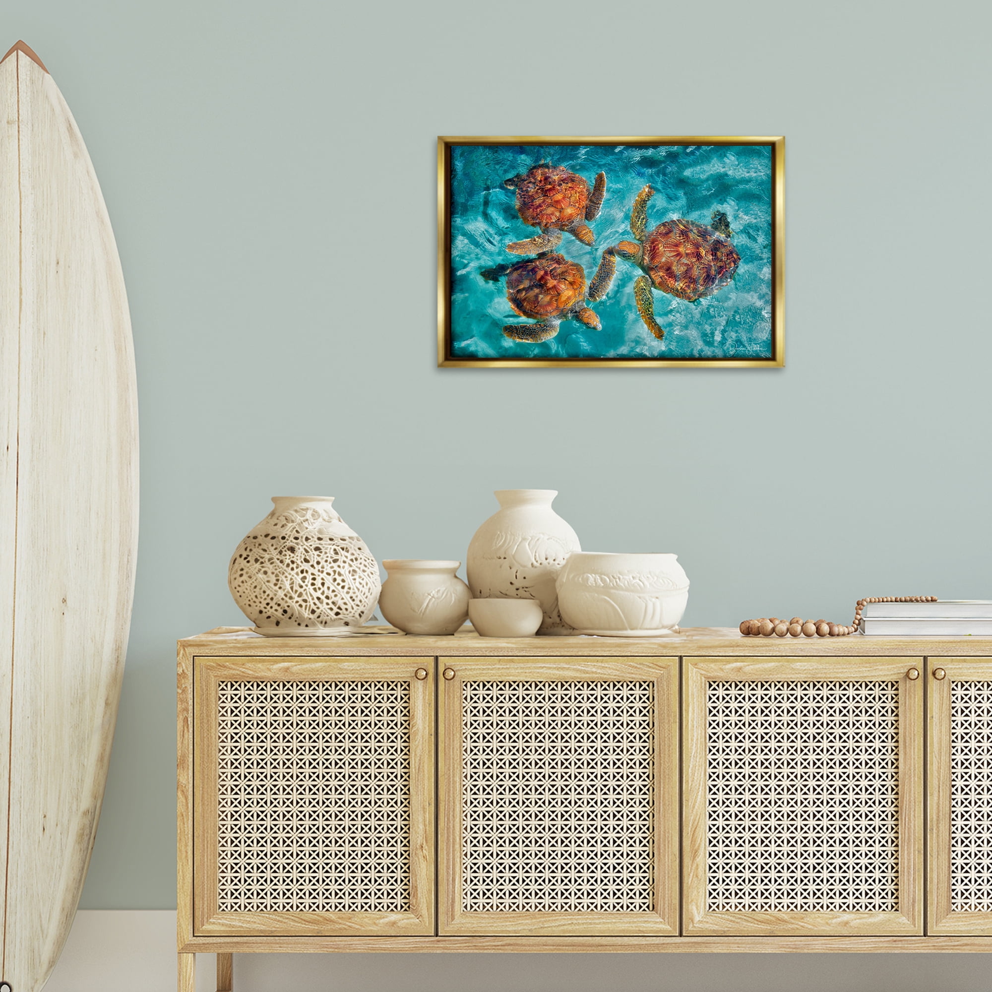 Stupell Industries Swimming Tortoise Trio Animals & Insects Painting Gold Floater Framed Canvas Art Print Wall Art, 25 x 17