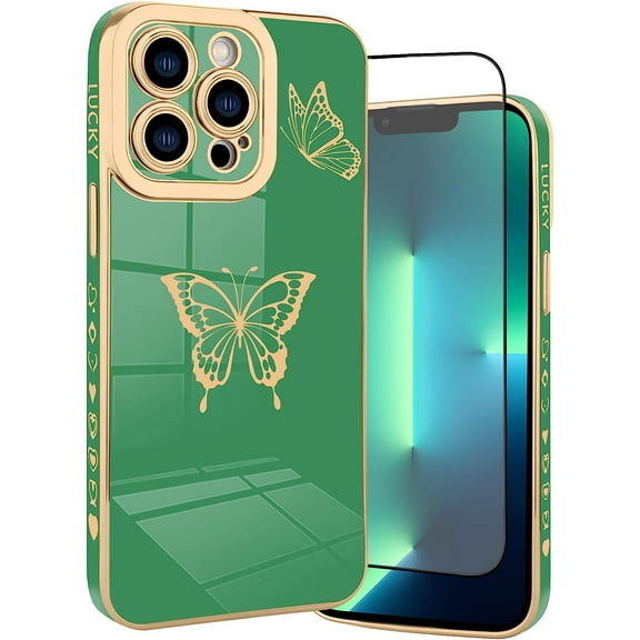 Designed for iPhone 13 Pro Max Case Cute Butterflies Design for Women Girls,Luxury Plating Bumper Full Camera Lens Protection Cover with Screen Protector for iPhone 13 Pro Max 6.7"-Green