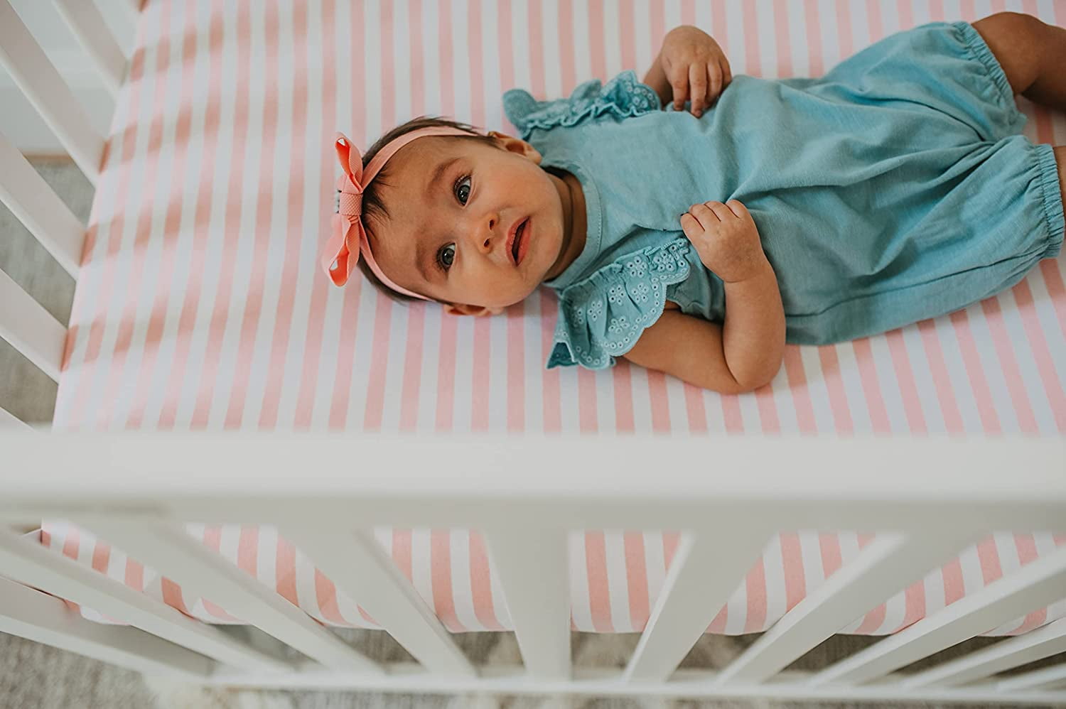 NODNAL CO. Pink and White Cotton Playard/Portable Crib/Mini Crib Fitted Sheet Set, 100% OEKO-TEX Cotton, 3 Pieces, for Baby Girl Infant/Toddler Nursery Bedding