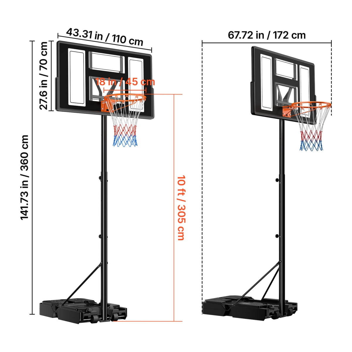 ZHICHUN Portable Basketball Hoop 4.4-10ft Height Adjustable Rolling Wheels Black for Driveway & Pool