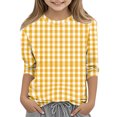 thumbnail image 3 of CCRFTGI Girls Shirts Cute Plaid Shirt Graphic Tees for Kids Summer Girls Fashion 3/4 Sleeve Tops Crewneck T Shirts Yellow 3-4 Years, 3 of 6