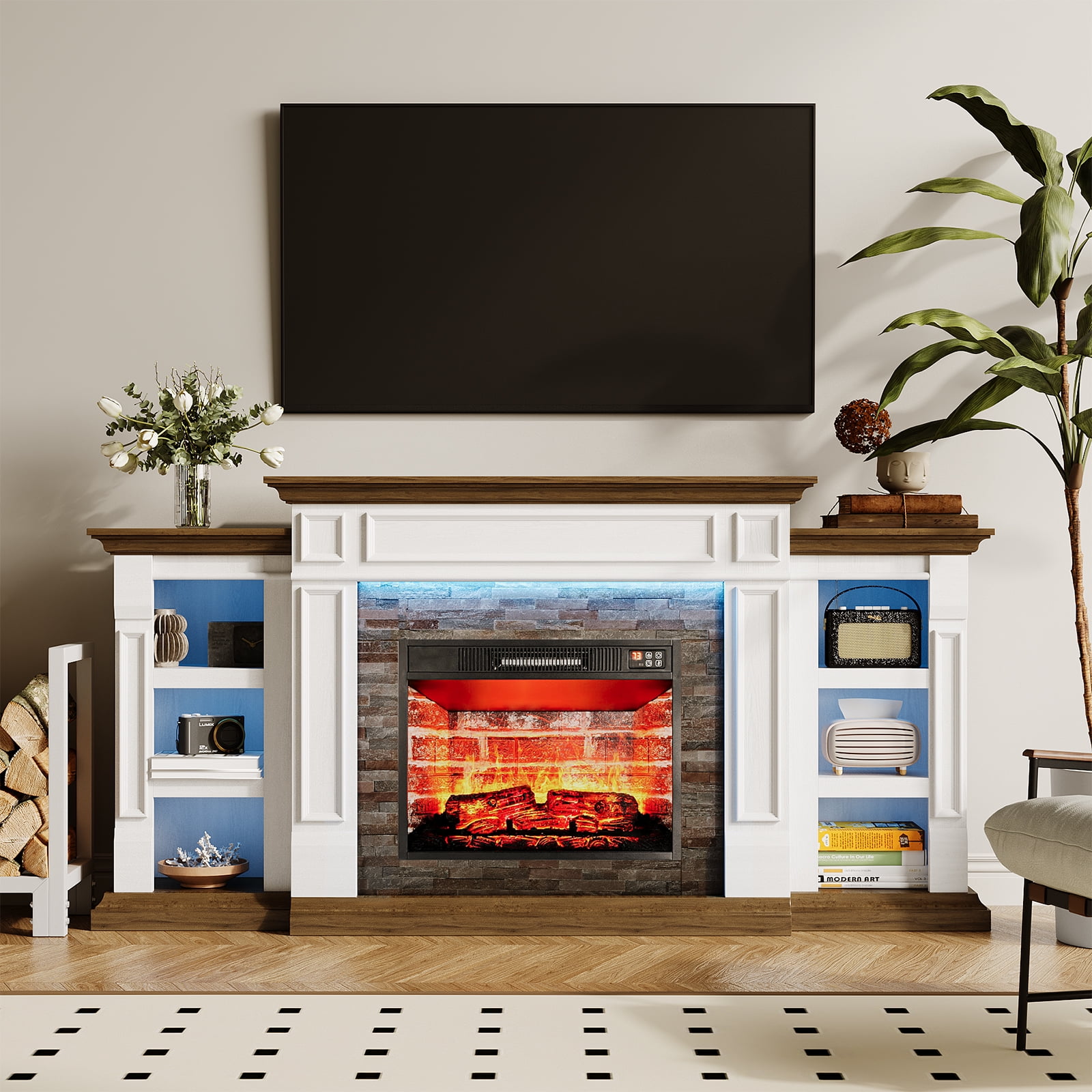 Holliwill 71" Fireplace Mantel, TV Stand Entertainment Center for TVs up to 80" with 23" Electric Heater & LED Light, White Brwon