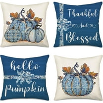 Blue Boho Autumn Decorative Pillow Covers 20x20 Inch Set of 4 Hello Pumpkin Fall Thankful Grateful Blessed Decor Maple Leaf Pillows Cushion Case for Home Sofa Couch