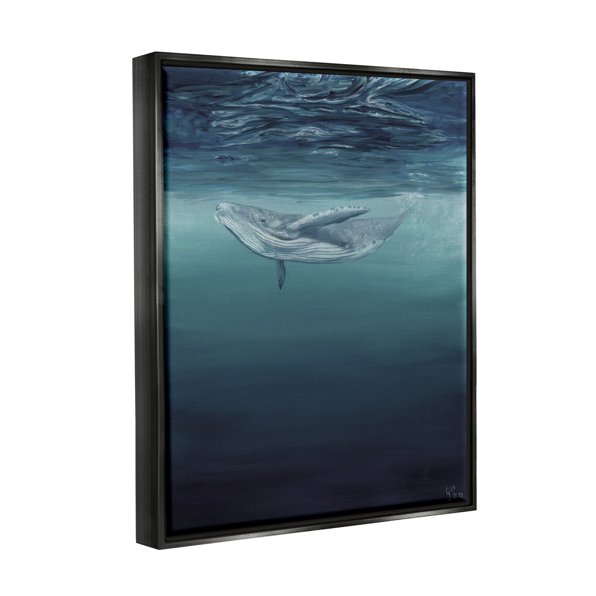 Stupell Industries Whale Swimming Underwater Animals & Insects Painting Black Floater Framed Art Print Wall Art, 25 x 31