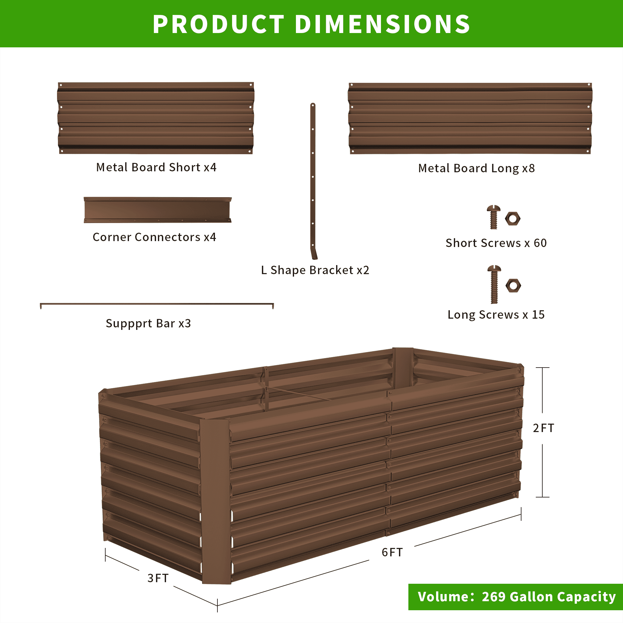 2PCS Outdoor Metal Raised Garden Bed,6x3x2ft Planter Box for Vegetables,Flowers,Herbs w/269 Gallon Capacity,Brown