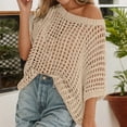 thumbnail image 2 of Crochet Coverups for Women Summer Cap Sleeve Hollow Out Casual Cruise Beach Vacation Tops Knit Pullover Sweater Beige M, 2 of 7