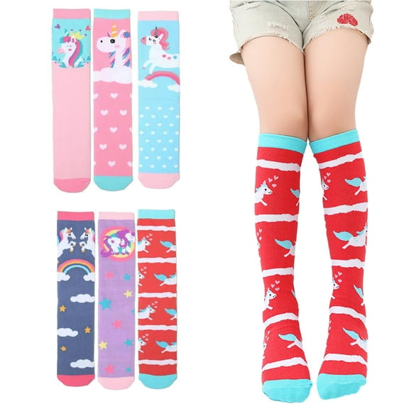 Esaierr 4 Pairs Girls Knee High Socks Soft Cotton Compression Socks Knee Cartoon Long Socks for Toddler Kids 2-12 Years Old