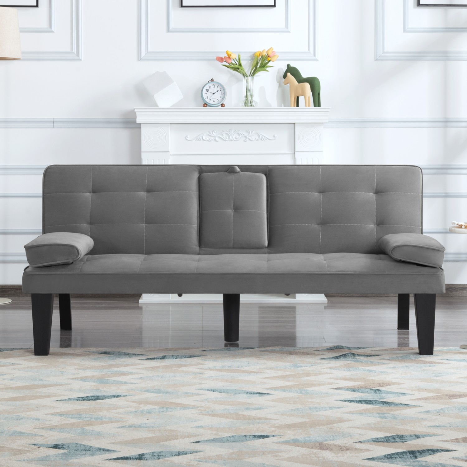 Gewnee Futon Sofa Bed Modern Sofa Couch Convertible Sofa Sleeper for Living Room with 2 Cup Holders, Removable Armrests (Gray)