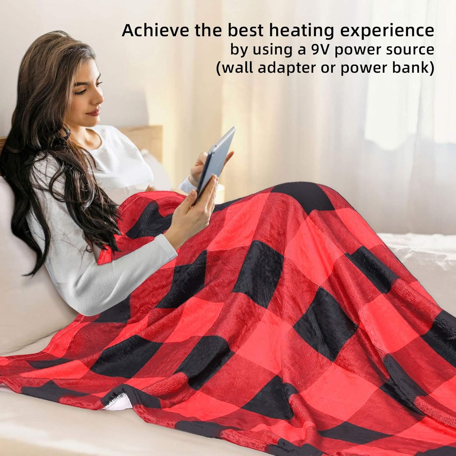USB Powered Electric Heated Checkered Throw Blanket Portable USB Heating Red and Black Blanket for Women 50" X 60" with 3 Heating Levels