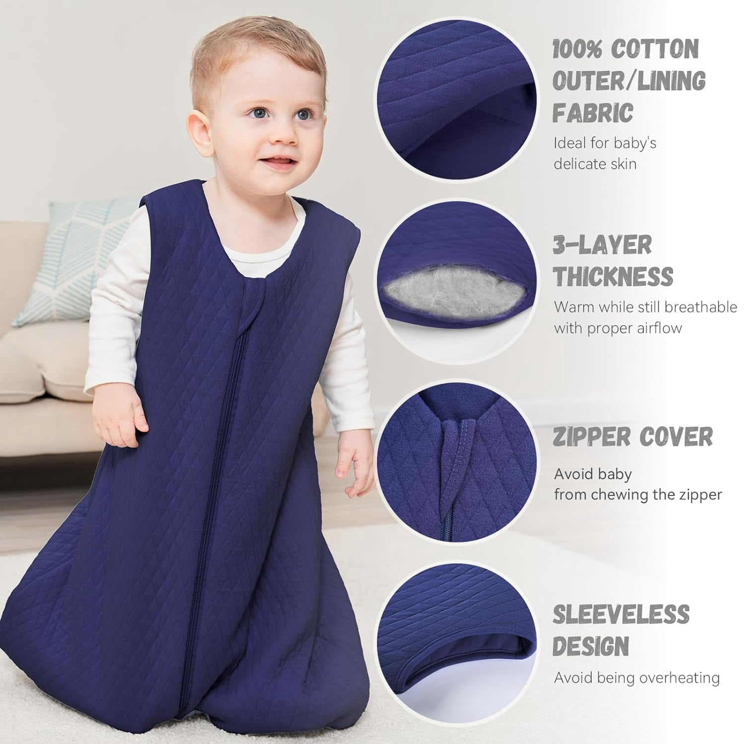 Yoofoss Baby Sleep Sack 12-18 Months TOG 2.5 Winter Baby Wearable Blanket, 100% Organic Cotton Infant Sleeping Sack 2-Way Zipper Warm Quilted Sleep Sack