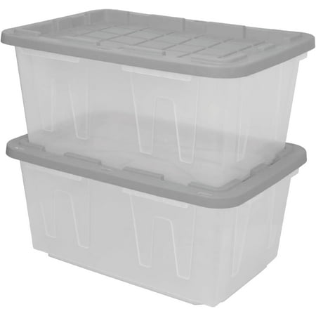 CX BLACK & YELLOW, 27-Gallon Heavy Duty Clear Storage Container & Snap-Tight Lid, Clear & Grey (14.3"H x 20.6"W x 30.6"D), Weather-Resistant, Stackable, See-Through Organization Tote [2 Pack]