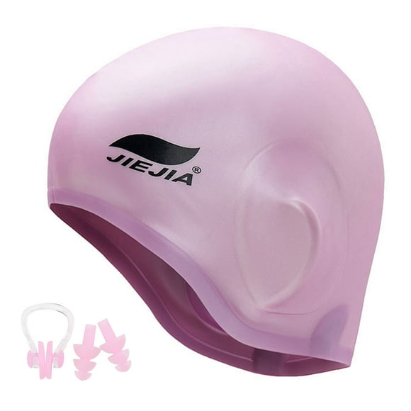 JIEJIA Bonnet de Bain en Silicone 3D avec Pince-Nez et Bouchons d'Oreilles, Facile à Nettoyer et Séchage Rapide, Plusieurs Couleurs Disponibles (Rose/bleu/noir/gris)