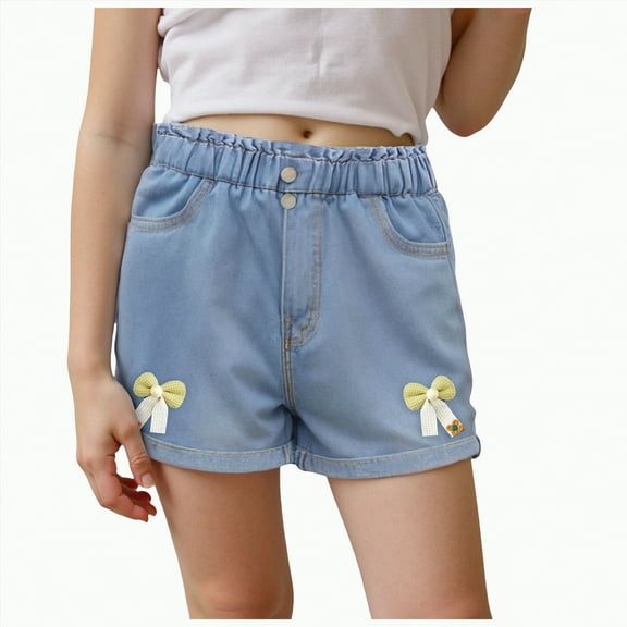 Jkety Little Girls Shorts Jeans Shorts Ripped Denim Bermuda Elastic Waist Bottom Trendy Cotton Summer Clothes for Kids Jean Shorts Girls(Yellow,5-6 Years)