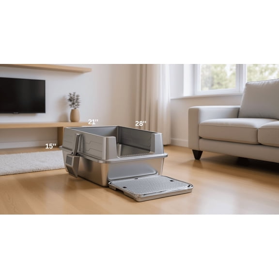 X-Large Stainless Steel Cat Litter Box Suite with Lid, Scoop & Mat – Durable, Easy-to-Clean, Anti-leak Metal Litter Box for Large Cats or Multi-Cat Homes (28" × 21" × 15")
