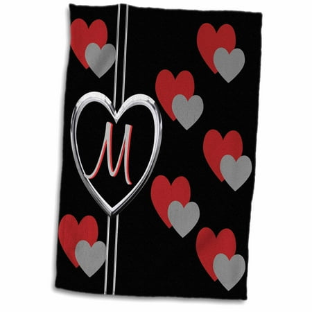 3dRose Modern Geometric Black Red Grey Hearts Pattern Monogram Letter M - Towel  15 by 22-inch