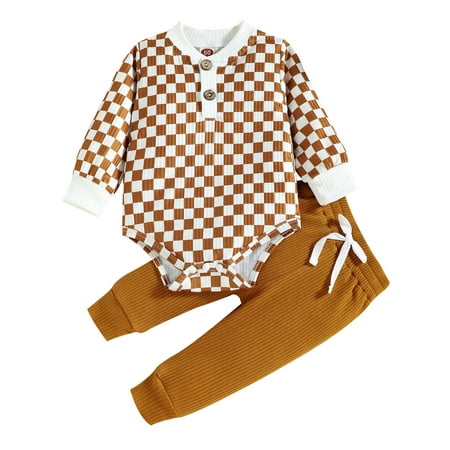 

jaweiw 2 Pieces Baby Unisex Girls Boys Outfits Set Checkerboard Print Long Sleeve Romper with Buttons+ Tie-Up Long Pants Size 0 6 12 18 24 Months