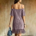 thumbnail image 5 of Karymi Solid Off Shoulder Spaghetti Strap Mini Dress, Short Flutter Sleeve Loose Tunic Fringe Hem Boho Western Casual Sundress Easter Dress, 5 of 8