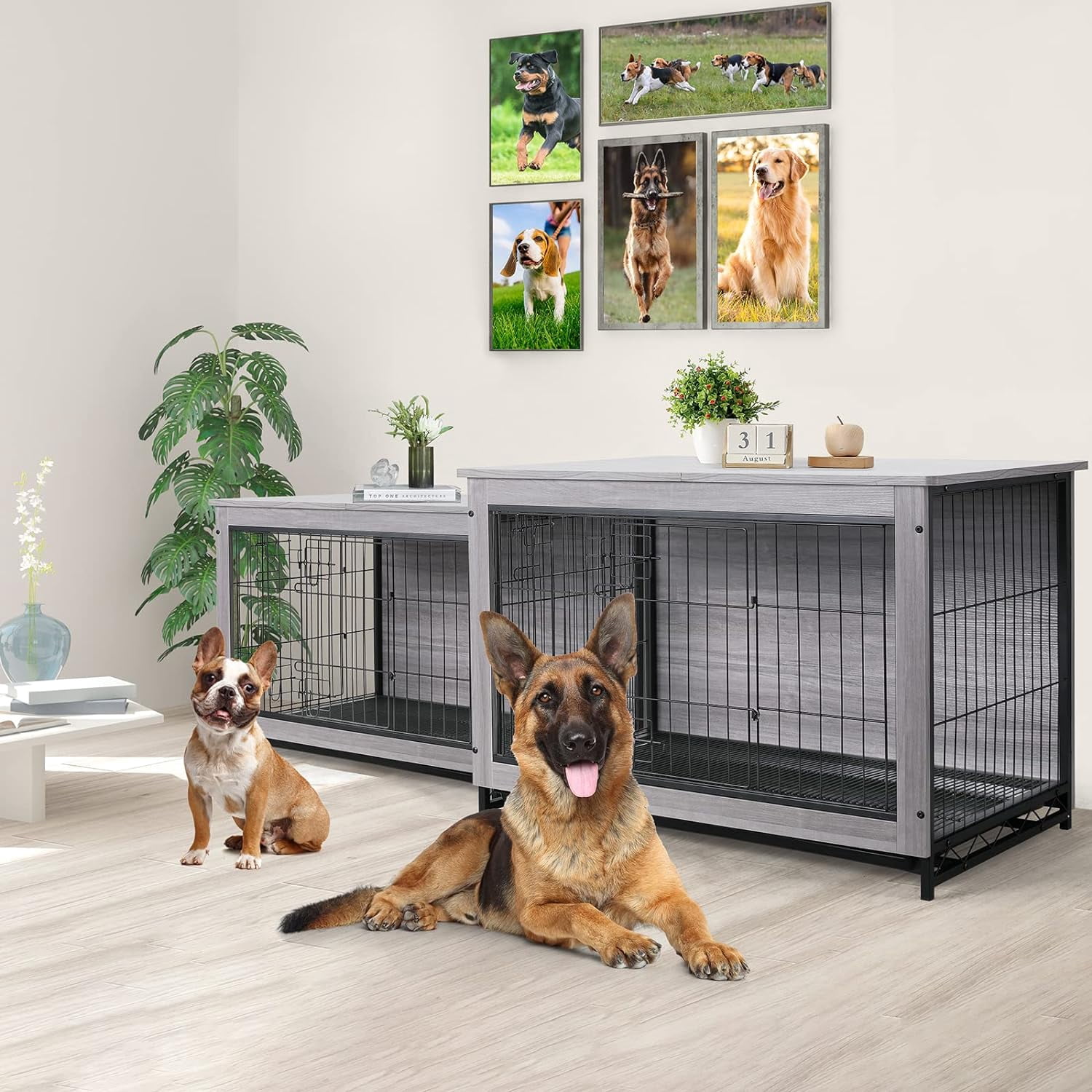 LAZY BUDDY Dog Crate Furniture, Large Dog Kennel Wooden Pet Furniture with Pull-Out Tray, Double Doors, 44.1 "L x 29.5 "W x 32.3 "H (Gray)